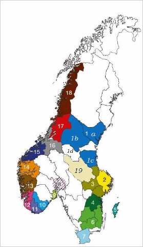Landkarten, die Regionen in Norwegen und Schweden