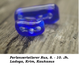Glasperlenverteiler, stabförmig, drei Löcher, aus blauem Glas