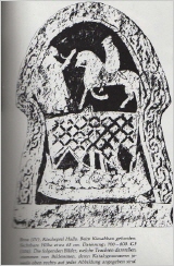 Zeichnung eines Bildseteines mit einem Reiter mit Pluderhosen
