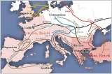 Landkarte der Tourismusbewegung der Hunnen, von Zentralasien bis über Deuschland nach Frankkreich und vor die Tore Roms