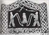 Zeichnung eines Bildsteins mit zwei Kämpfern in langen einfachen Hosen, die Frau  hält ein Trinkhorn